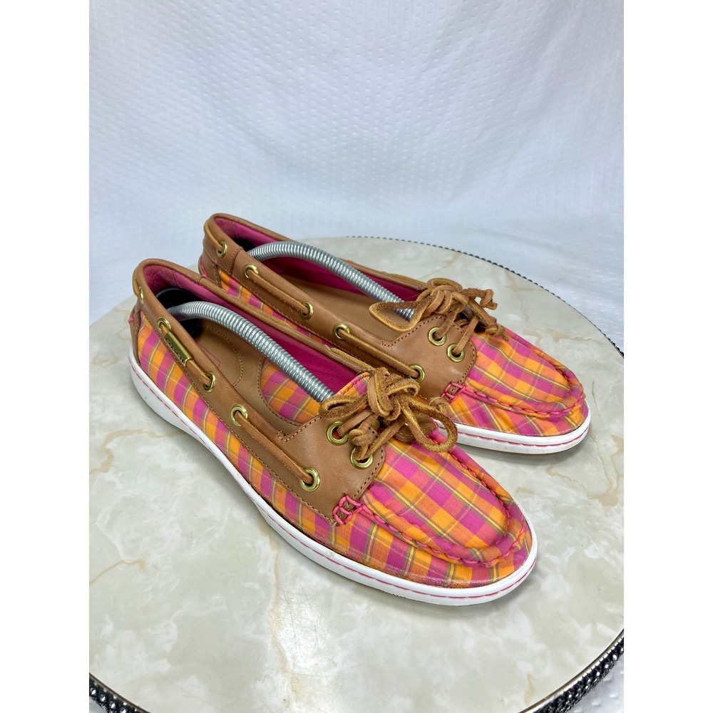 Coach Richelle Plaid Canvas Leather Loafers Women 7 Pink Orange Comfort Slip On